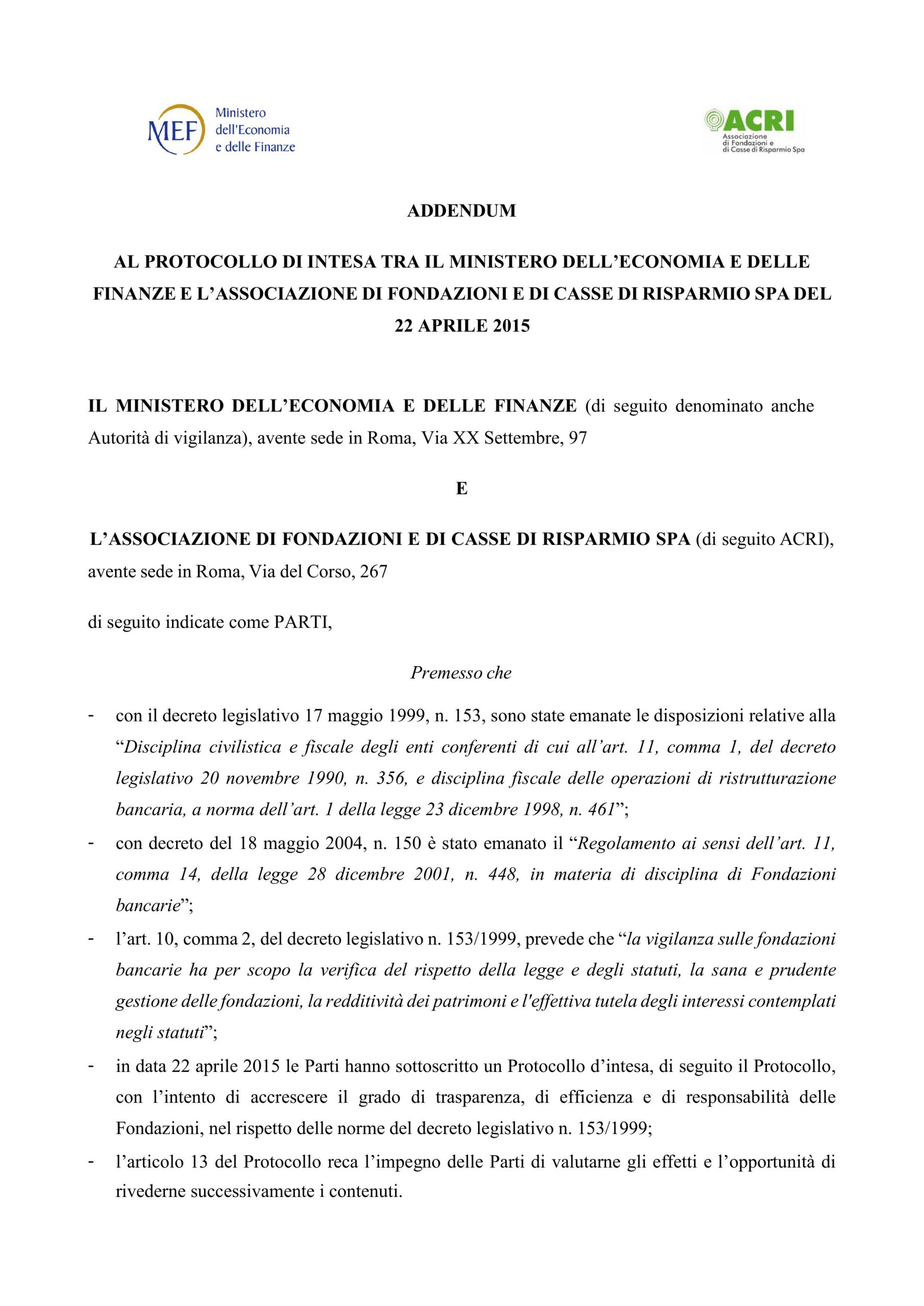Addendum Protocollo MEF-Acri